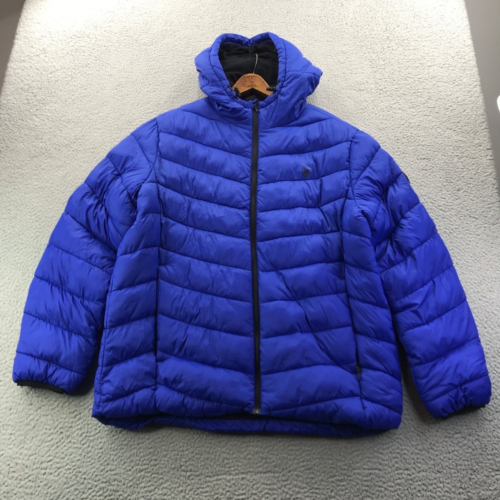 Spyder Jacket Men Large Blue Puffer Thermo Hydro Pro Web Insulated Hood Gorpcore - Picture 1 of 16